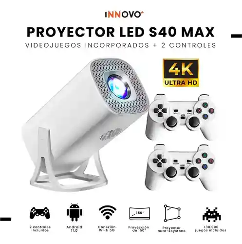 Proyector Smart S40 Max Pro 4k Android 11 Wifi 5g + 2 Controles Pantalla 200 30.000 Juegos Y Apps