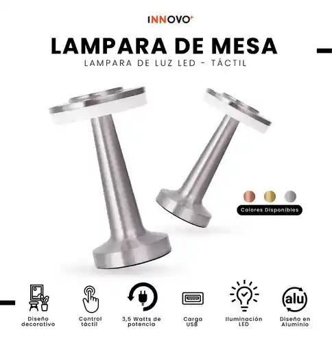 Lámpara De Mesa Led Gris Táctil Recargable Usb Moderna Aluminio Elegante Regulable 3 Niveles
