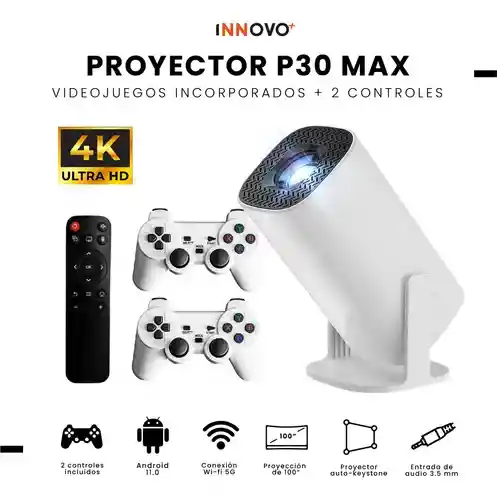 Proyector Smart P30 Max Pro 4k Android 11 Wifi 5g + 2 Controles Proyección 200 Pulgadas Innovo