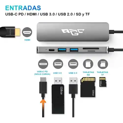 Hub Adaptador Multipuerto Usb C 6 En 1 Para Mac Macbook Windows Marca Agc Tecnologia V1