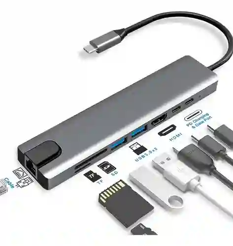 Adaptador Hub 8 En 1 Tipo C Hdmi Puerto Land Usb Mac Y Pc Sd Color Gris