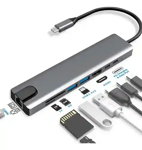 Adaptador Hub 8 En 1 Tipo C Hdmi Puerto Land Usb Mac Y Pc Sd Color Gris