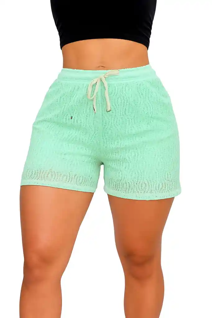 Short Con Cintura Elástica De Amarre Con Cordón ,en Ojalillo,encaje Con Short Interno El Dibujo Del Encaje Puede Variar De Posición Y Forma
