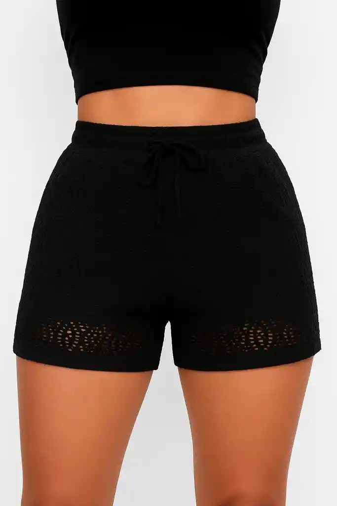 Short Con Cintura Elástica De Amarre Con Cordón ,en Ojalillo,encaje Con Short Interno El Dibujo Del Encaje Puede Variar De Posición Y Forma
