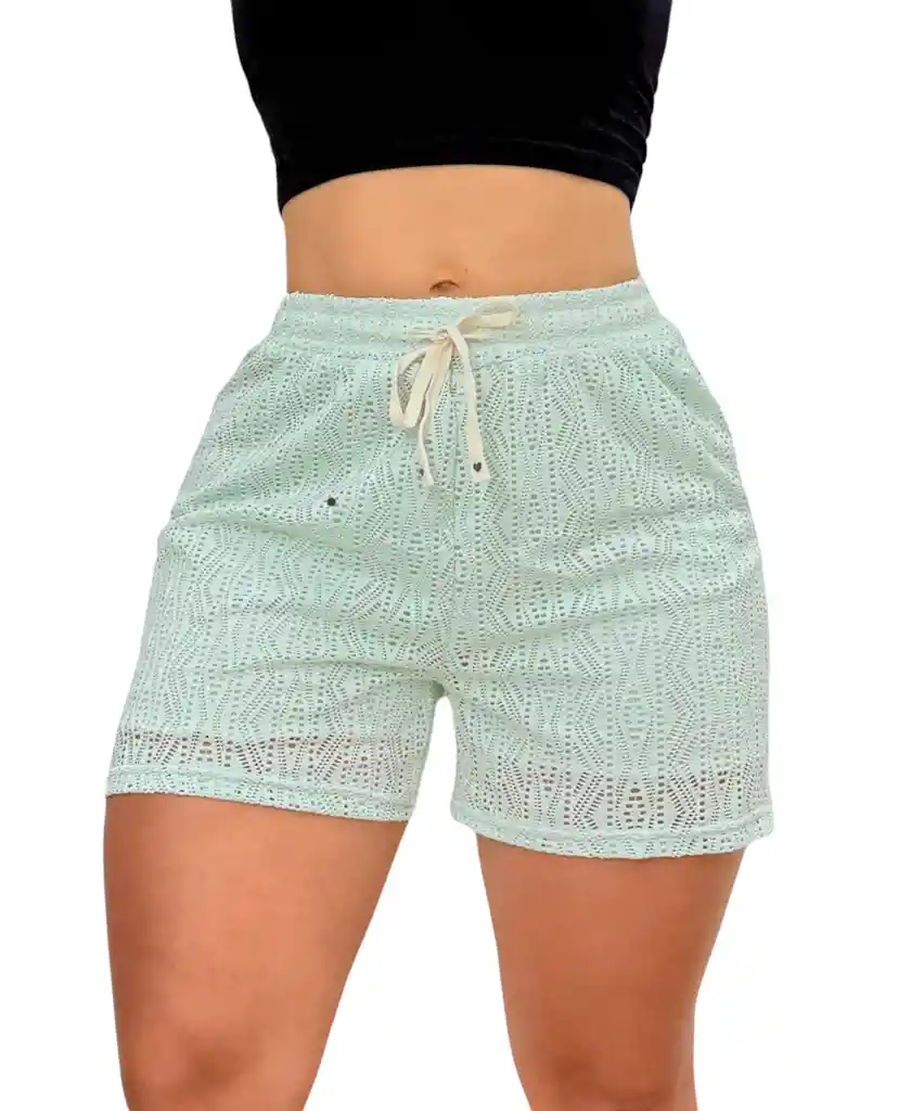 Short Con Cintura Elástica De Amarre Con Cordón ,en Ojalillo,encaje Con Short Interno El Dibujo Del Encaje Puede Variar De Posición Y Forma