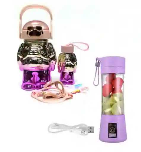 Combo Set De Botellas Termo Bicolor + Mini Vaso Licuadora Procesadora Portatil Usb Recargable