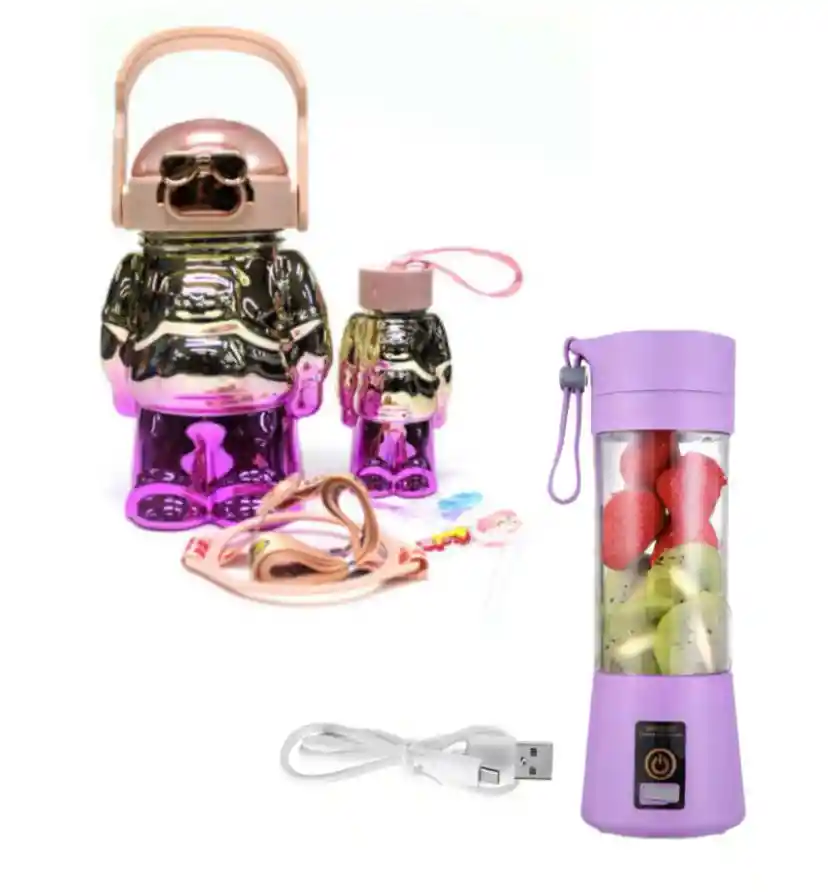 Combo Set De Botellas Termo Bicolor + Mini Vaso Licuadora Procesadora Portatil Usb Recargable