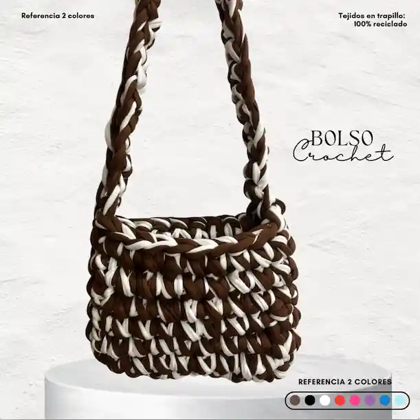 Bolso Cartera Artesanal Crochet Café Y Blanco – Hecho A Mano Con Trapillo Reciclado