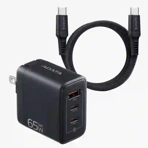 Adata Cargador 65w Negro - 2 Puertos Usb Tipo C - 1 Puerto Usb Tipo A + Cable De 2 Metros Tipo C