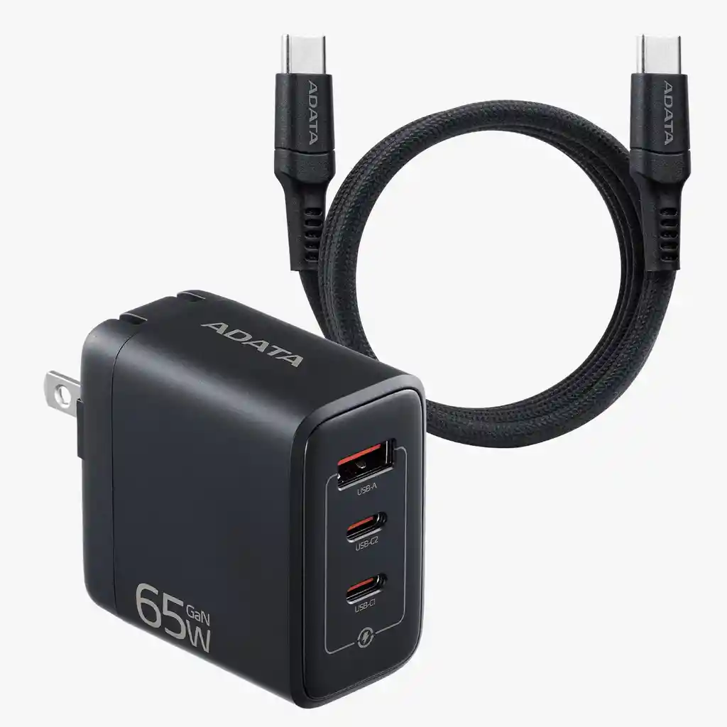 Adata Cargador 65w Negro - 2 Puertos Usb Tipo C - 1 Puerto Usb Tipo A + Cable De 2 Metros Tipo C