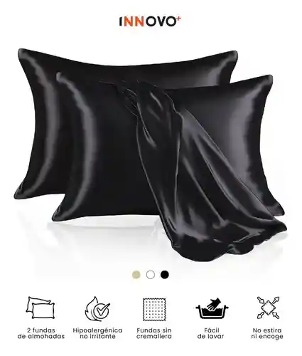 Fundas Para Almohada Satín Seda Cuida Cabello Piel Anti Friz Color Negro Innovo