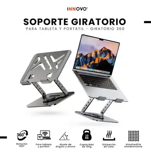 Soporte Portátil Laptop Hasta 20 Pulgadas Giratorio 360° Aluminio Ajuste Altura Ergonómico Innovo