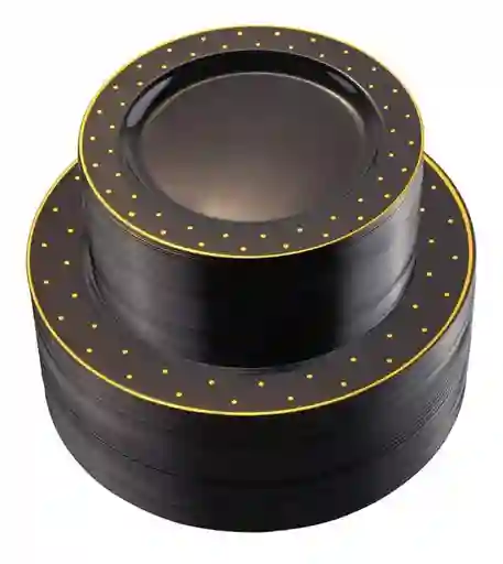 Set Platos Negro Con Puntos Dorados, Platos Elegantes, Platos De Lujo
