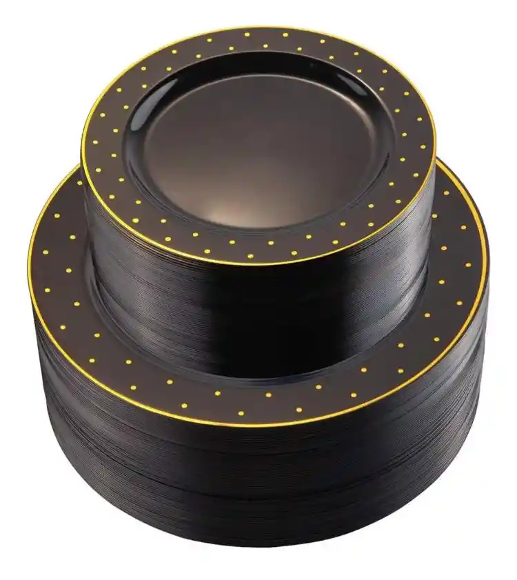 Set Platos Negro Con Puntos Dorados, Platos Elegantes, Platos De Lujo