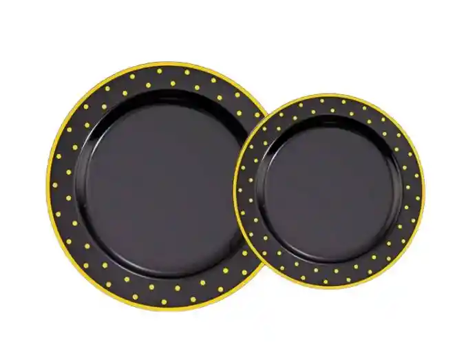 Set Platos Negro Con Puntos Dorados, Platos Elegantes, Platos De Lujo