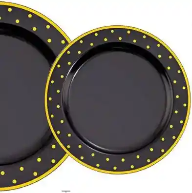 Set Platos Negro Con Puntos Dorados, Platos Elegantes, Platos De Lujo