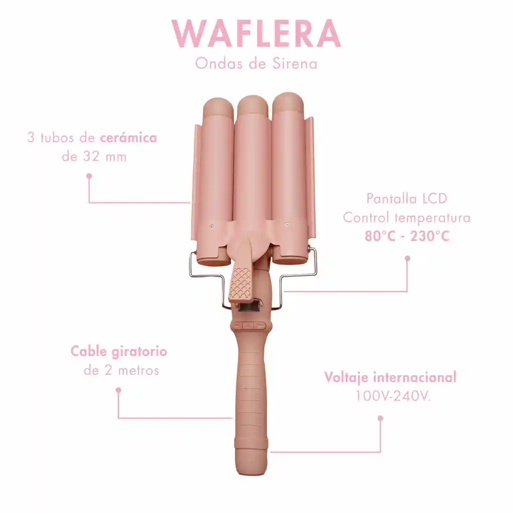Rizadora Mandarinna Waflera Triple Barril Ondas Pinza 32mm Color Rosa