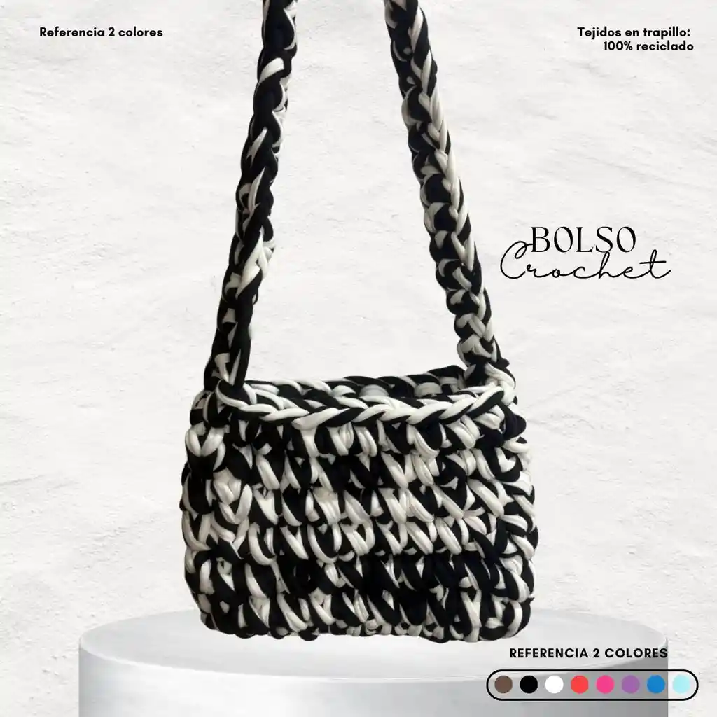 Bolso Cartera Artesanal Crochet Negro Y Blanco – Hecho A Mano Con Trapillo Reciclado