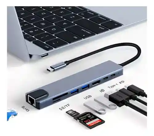 Hub Usb C Puertos Adaptador Multipuerto Hdmi 8 En 1 Mac Win Color Plateado