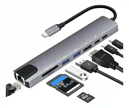 Hub Usb C Puertos Adaptador Multipuerto Hdmi 8 En 1 Mac Win Color Plateado