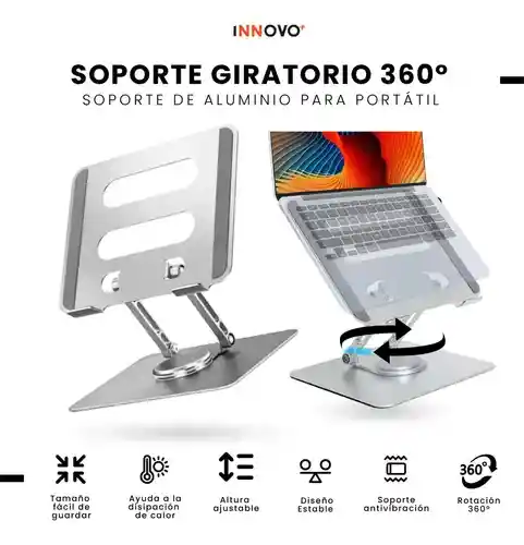 Soporte Giratorio 360° Portátil Laptop Tablet Aluminio Altura Ajustable Ergonómico Y Plegable