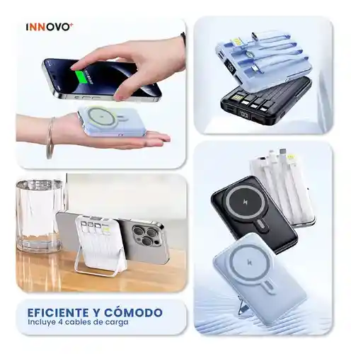 Power Bank Inalámbrico Magnético 7.000 Mah Carga Rápida 4 Cables Integrados Y Soporte 22.5w