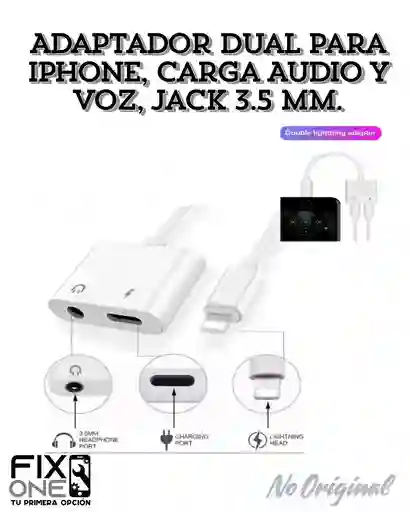 Adaptador Dual Para Iphone, Carga Audio Y Voz, Jack 3.5 Mm.