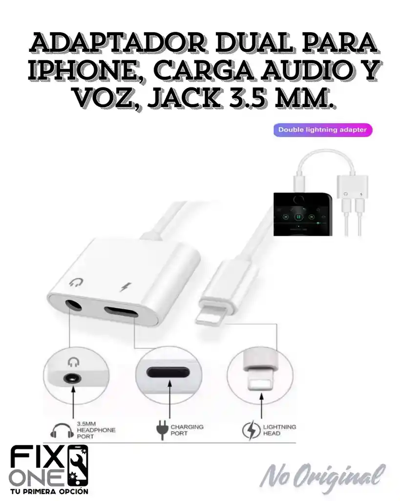 Adaptador Dual Para Iphone, Carga Audio Y Voz, Jack 3.5 Mm.