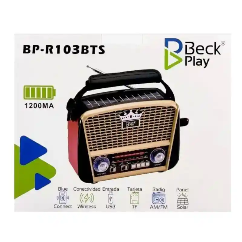 Radio Retro Portátil Beckplay Bp-r103bts 3 Bandas Con Bluetooth, Panel Solar Y Usb
