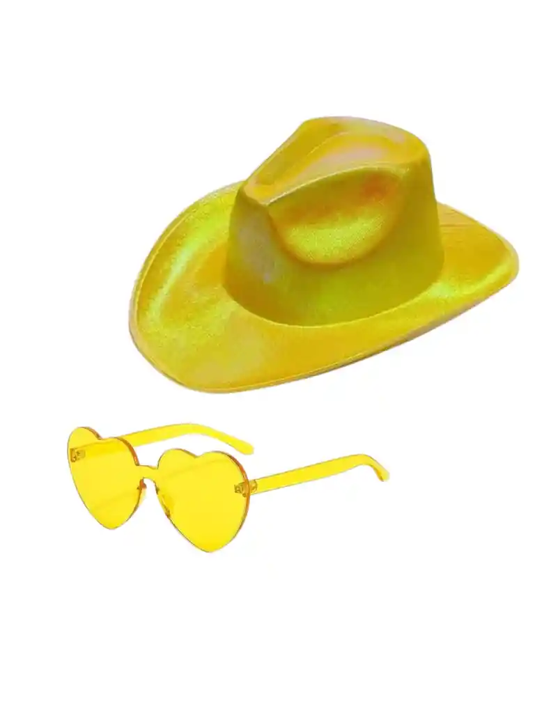 Sombrero Vaquero Dorado Holografico + Lentes Corazón Despedida De Soltera