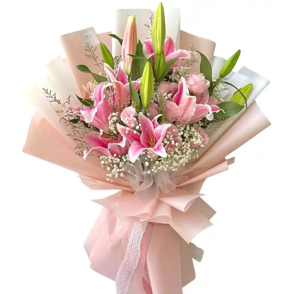 Ramo Floral De Lirios Rosados Y Rosas Rosadas