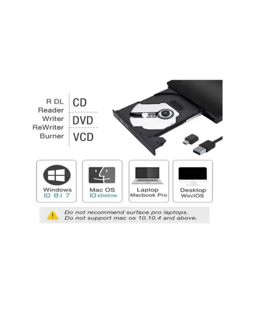 Lector Quemador Cd / Dvd Externo 3.0 Usb A Y Tipo C Alta Vel
