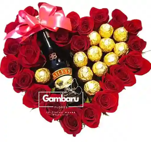 Flores Rosas Rojas, Chocolates Ferrero Rcher Y Baileys