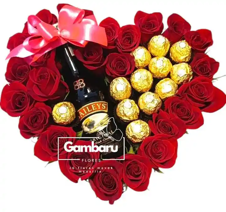 Flores Rosas Rojas, Chocolates Ferrero Rcher Y Baileys