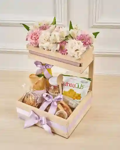 Arreglo Floral Con Desayuno Sorpresa Waffles, Claveles, Astromelias
