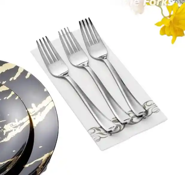Tenedor Plateado Plástico Desechable, Tenedor De Lujo, Tenedor Elegante