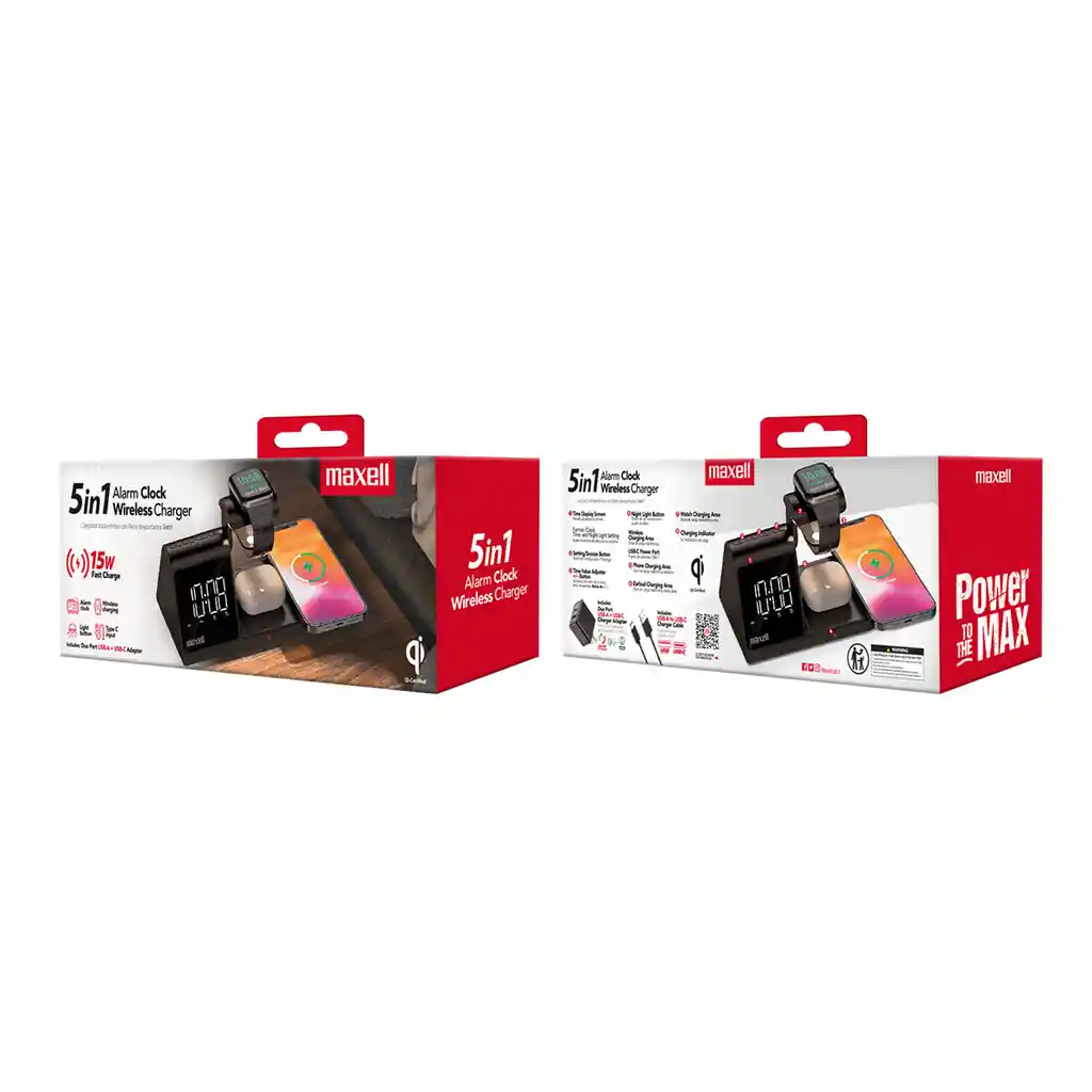 Cargador Inalám 5 En 1 Maxell Con Reloj Qiac315 Usb A - Usbc