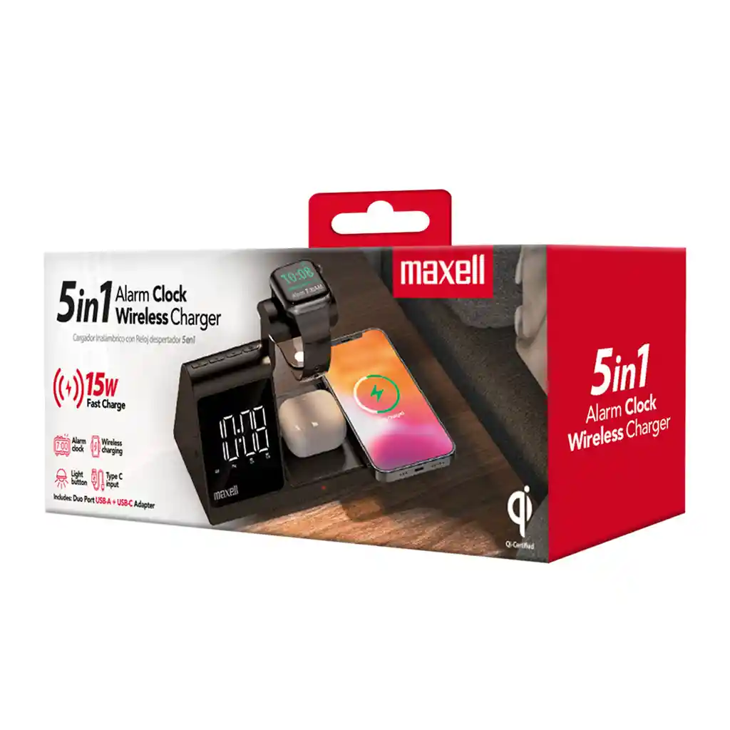 Cargador Inalám 5 En 1 Maxell Con Reloj Qiac315 Usb A - Usbc
