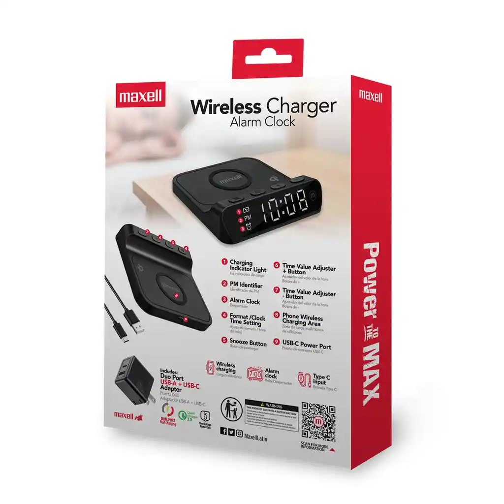 Cargador Inalámbrico Maxell Con Reloj Qiac-115 Usb A - Usbc