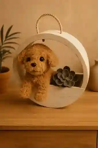 Sorpresa Perruna | Base De Madera Con Perrito De Peluche Y Suculenta Decorativa – 33 Cm