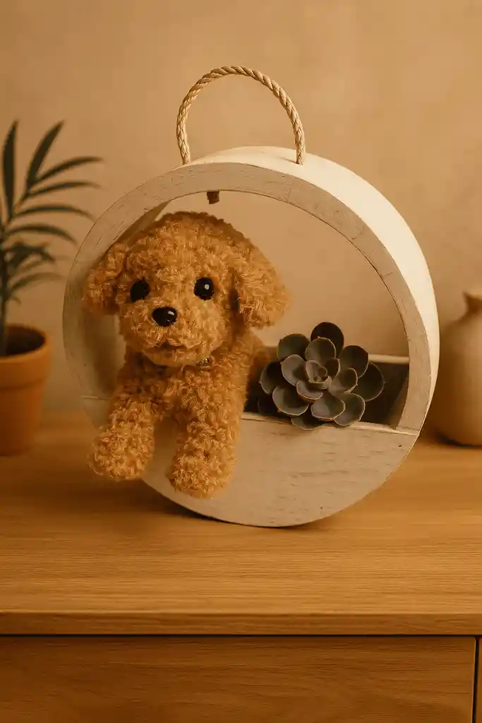 Sorpresa Perruna | Base De Madera Con Perrito De Peluche Y Suculenta Decorativa – 33 Cm