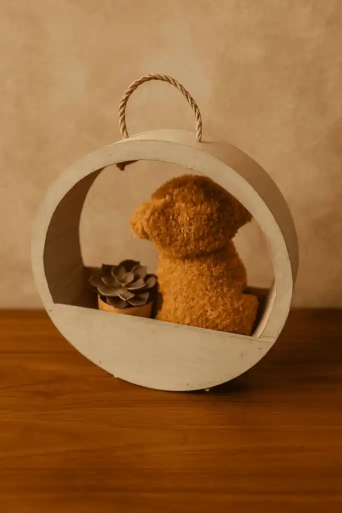 Sorpresa Perruna | Base De Madera Con Perrito De Peluche Y Suculenta Decorativa – 33 Cm