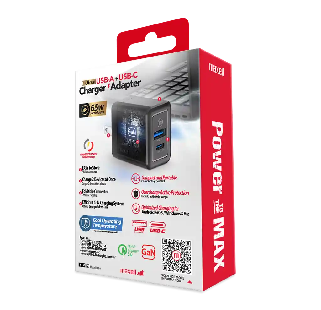 Cargador Maxell Carga Rápida Usb-a + Usb-c 65w