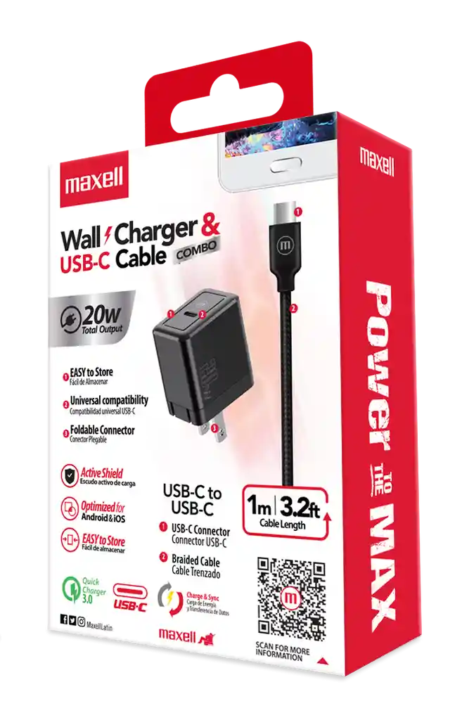 Cargador Maxell Carga Rápida Usb-c + Cable 1mt 20w