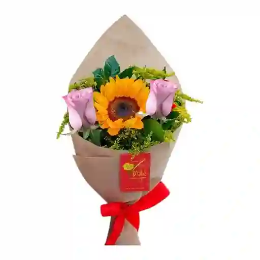 Bouquet De 1 Girasol Y 2 Rosas Rosadas