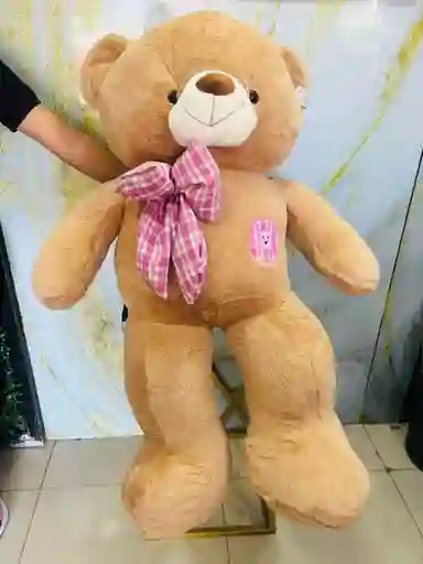 Peluche Oso Cafe Claro Con Moño Rosado En Cuadros