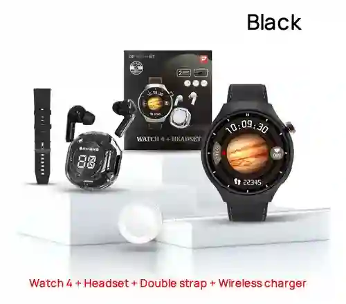 Reloj Inteligente Watch 4 Set Con Audífonos Inalámbricos, Cargador Wireless Y Correa Extra