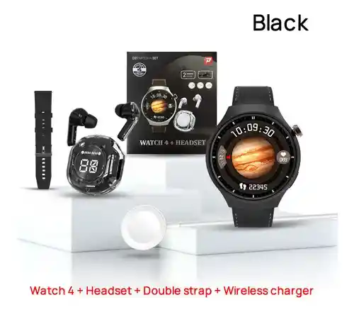Reloj Inteligente Watch 4 Set Con Audífonos Inalámbricos, Cargador Wireless Y Correa Extra