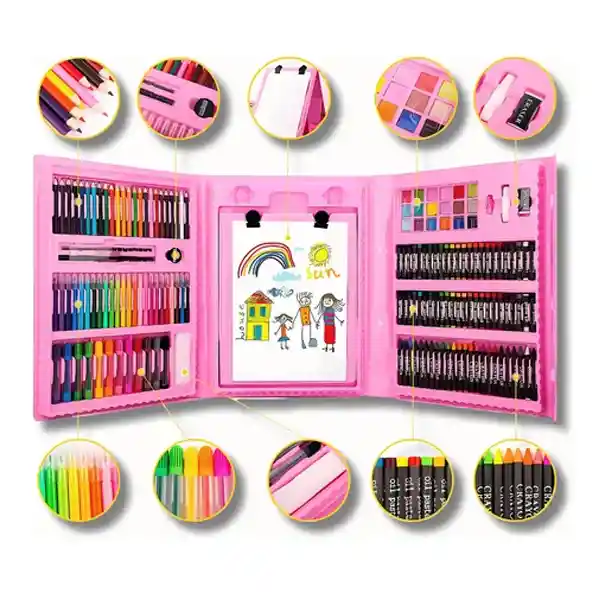 Set Kit Arte Niños Maleta Crayón Acuarela Plumón 208 Piezas Rosado