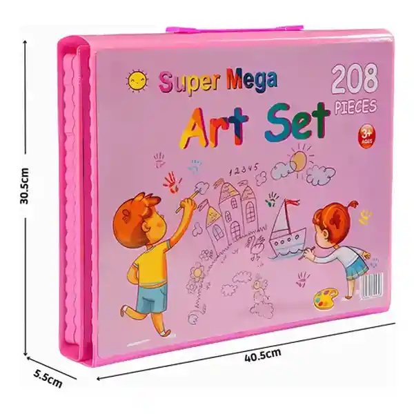 Set Kit Arte Niños Maleta Crayón Acuarela Plumón 208 Piezas Rosado
